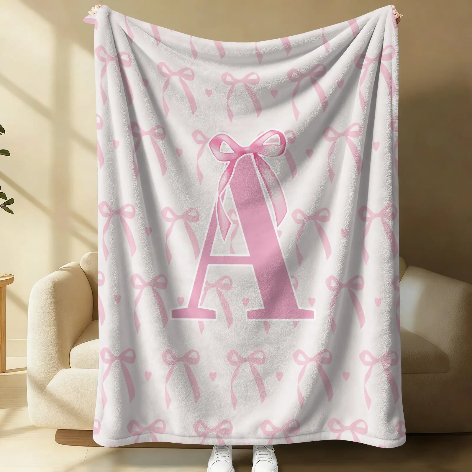 Pink Bow & Monogram "A-Z" Print Blanket, Cozy Flannel Throw Blanket for Living Room Couch, Plush Warm Blanket for Cozy Movie Nights, All-Season Comfort, Ideal Gift Blanket for Girly & Romantic Home Decor, Bowknot Design Blanket, Soft Warm Blanket