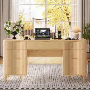 Oxirth  Walnut Fluted Executive Desk | Home Office Desk with Storage, Charging Station & File Cabinet