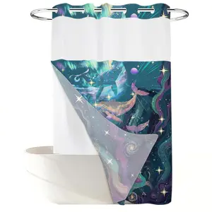 1PC 2D Flat Dreamy Starry Sky Whale Pod Shower Curtain, Aurora Universe Ocean Design, Waterproof Detachable Liner Bathroom Curtain (No Hooks)