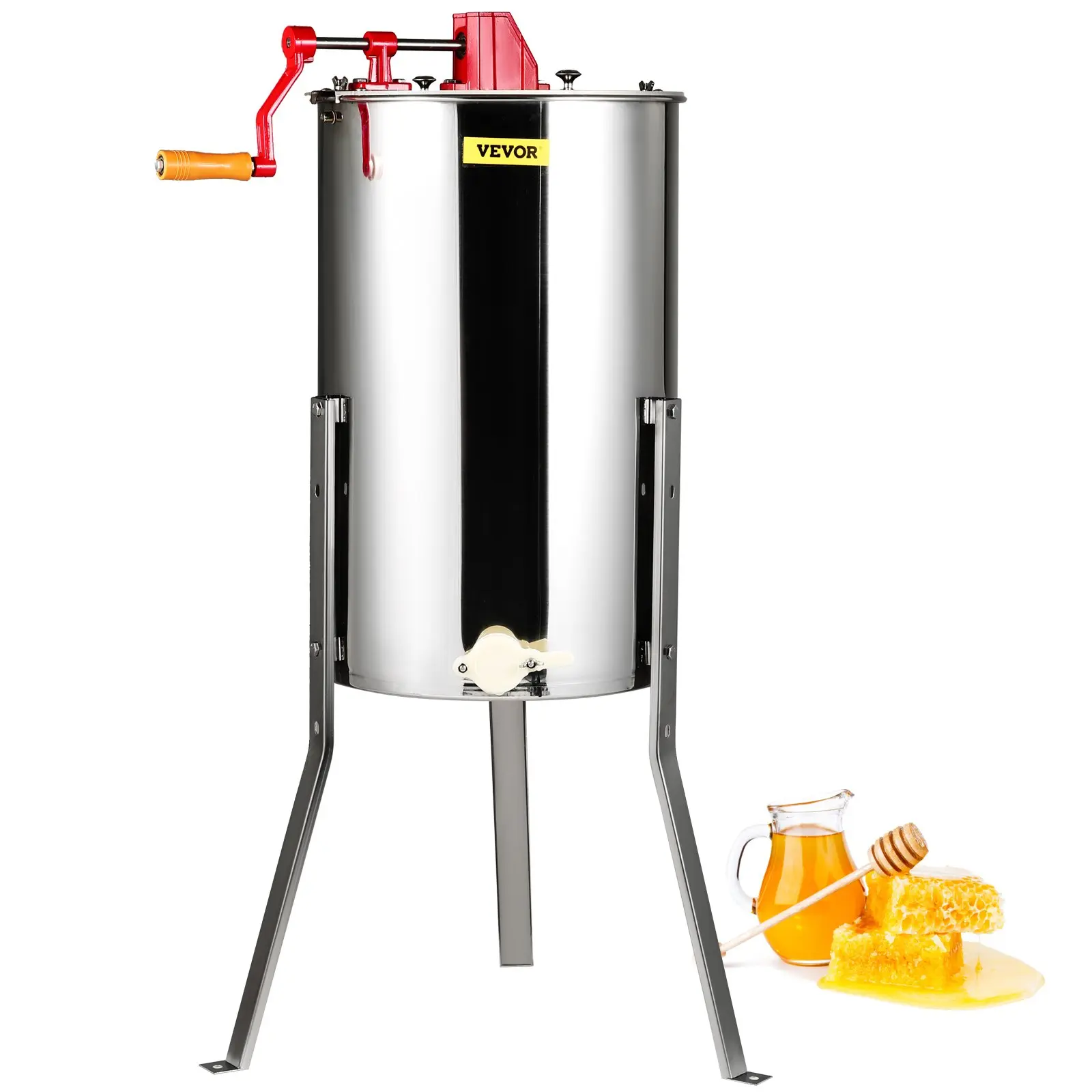 VEVOR 3-Frame Manual Honey Extractor, Stainless Steel Hand Crank Apiary Equipment, Cylindrical Honeycomb Drum Spinner with Lid, Height-Adjustable Stand for Beekeeping Honey Extraction
