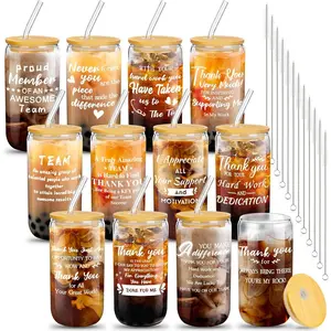 12 Set Employee Appreciation Gifts Christmas Appreciation Cups for Team Thank You Gifts Glass Cups for Staff Coworker 16 oz Can Shaped Beer Glass with Lids Straws Brushes(Hard Work)