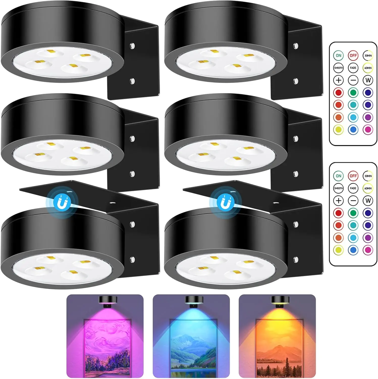 RGB Picture Light Battery Operated Painting Lights for Wall Wireless Magnetic Display Art Light with Remote Controls,Dimmable&Timer for Art Frame Artworking,6Pack Black