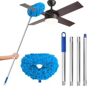 DGAPHRO Ceiling Fan Cleaner Duster, Reusable Microfiber Duster with Extension Pole, Stainless Steel Removable Dusters for Cleaning Walls Bookshelves Door Window Top (Blue)