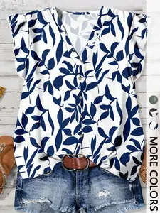1 Piece Women's Summer Leaf Print V Neck Ruffle Sleeve Blouse, Button Down Loose Casual Tunic Tops for Daily Vacation, Plus Size Elegant Streetwear