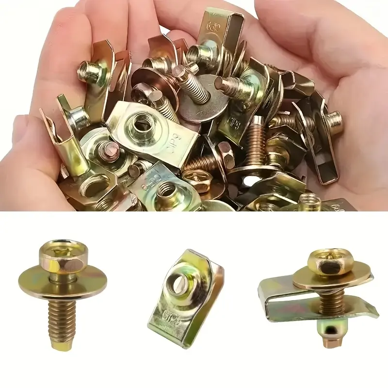 52pcs Golden Body Bolt Set M6 Body Bolts And U-Shaped Compression Nuts Fixture (25 Screws And 25 Plates) |   Suitable for Universal Fixing Fasteners for Engine Hoods, Bumpers, Fenders, Splash Guards |   Rust-Resistant Metal Fasteners And Rivets