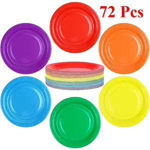 72 Pcs 7inch Rainbow Plates, Waterproof, Durable, Disposable Party Supplies for Birthday, Picnic, All Seasons