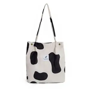 Corduroy Cow Print Tote Bag for Women, Cute Shoulder Bag with Inner Pocket, Large Capacity Tote Bag for Work Travel Shopping Beach