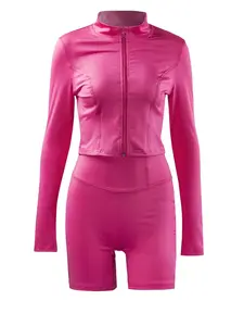 Two-Piece Set Women's Solid Zip Up Jacket & High Waist Shorts, Casual Long Sleeve Stand Collar Outerwear & Skinny Shorts for Spring & Fall, Ladies Clothes for Daily Wear Valentine's Day, gift