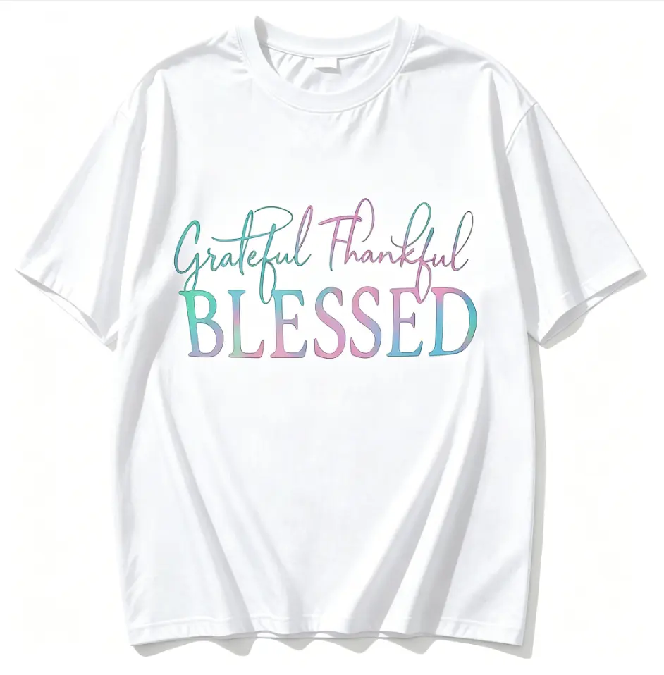 Breathable cotton grateful thankful blessed gradient letter women casual short sleeve positive vibe cotton tee