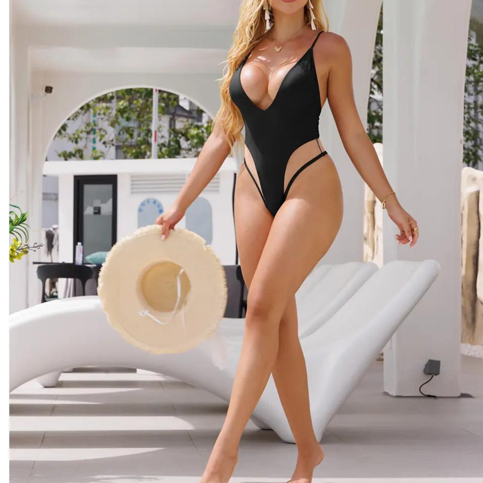 Aprilake Women’s Sexy Spaghetti Adjustable Strap Deep V Neck Backless See-through Mesh Swimsuit