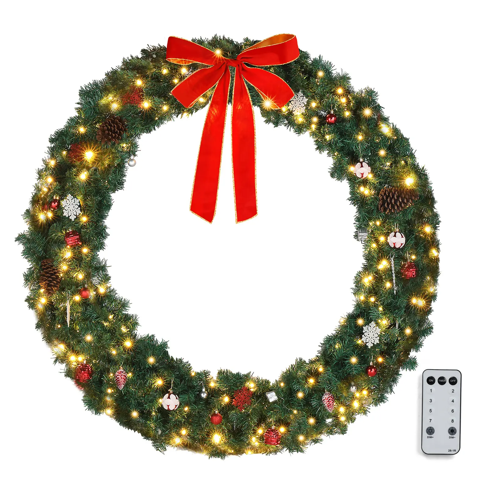48 Inch Pre-lit Artificial Christmas Wreath, Outdoor Christmas Wreath Decorations with 150 LED Lights and 450 PVC Branch Tips for Garage, Xmas Door Wreath w/Bow, Pine Cones, Ornaments, Plug-in