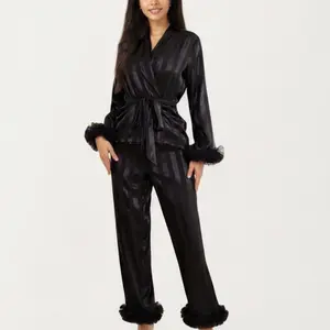 Anna-Kaci Lounge Women's 2-Piece Set Satin Wrap Long Sleeve Feather Trim Top and Straight Leg Pants - Small, Black