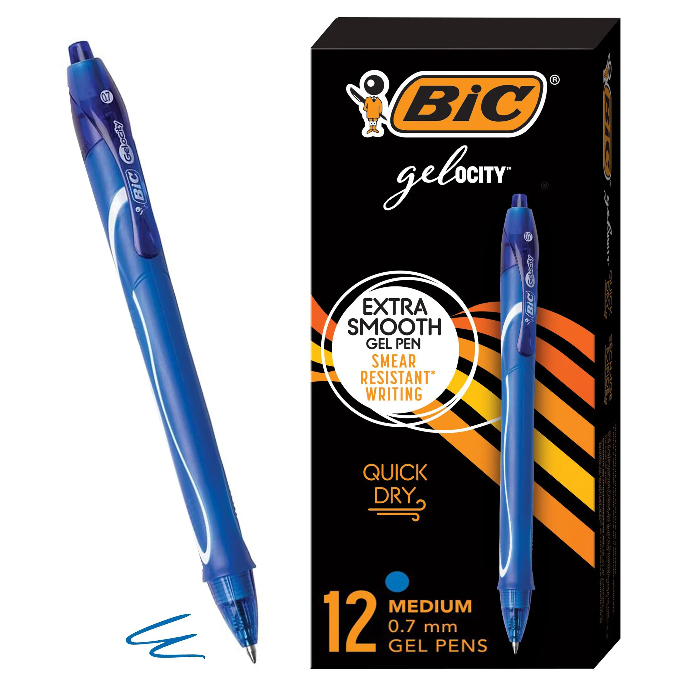 BIC Gel-ocity Quick Dry Blue Gel Pens, Medium Point (0.7mm), 12-Count Pack, Retractable Gel Pens With Comfortable Full Grip