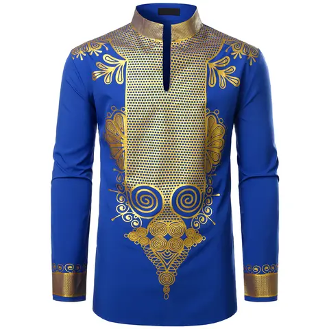 ZEROYAA Men's Stylish African Stand-Up Collar Long Sleeve Graphic Dashiki Shirt - Shiny Retro Print, Elastic Fit, 3-Button Front for Quick Dressing, Polyester Fabric, Birthday Gift for Boyfriend, Ideal for Dating/Party