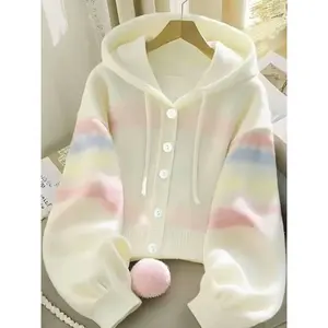 Women's Hooded Sweater Jacket, Rainbow Striped Colorblock Knit Cardigan, Fall Winter Fashion, Elegant Casual Wear