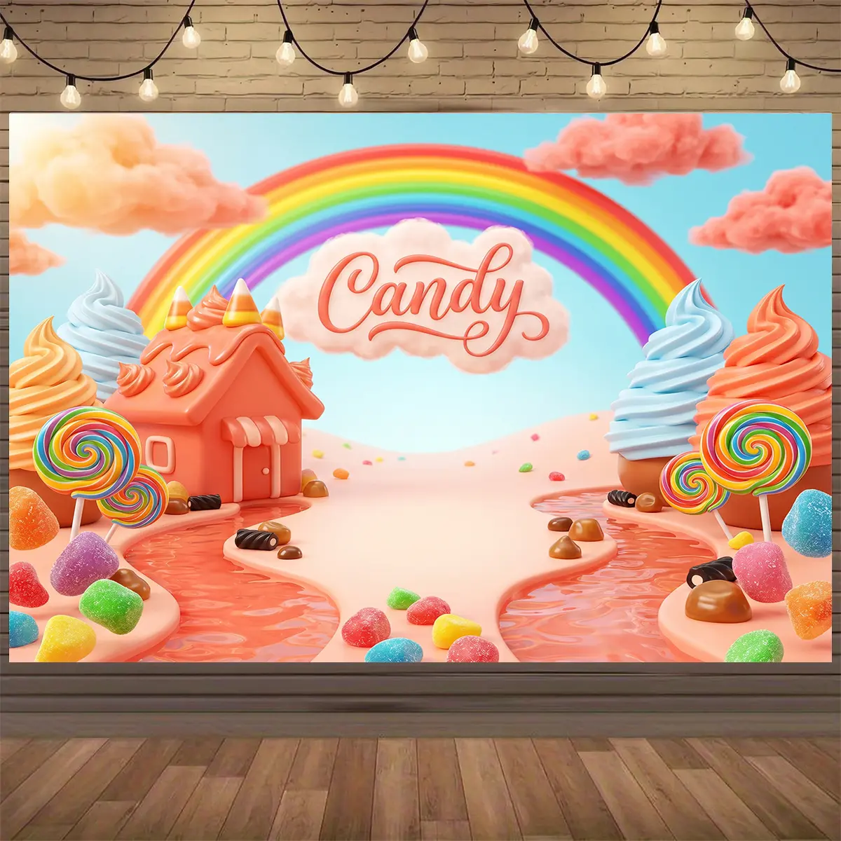 Candy Land Party Banner - Vibrant Polyester Photo Backdrop with Whimsical Candy Theme, Lollipops & Ice Cones for Birthdays, Graduation, Mother's Day, Garden & Home Wall Decor, Candy Party Decorations, Whimsical Design, Durable Decoration