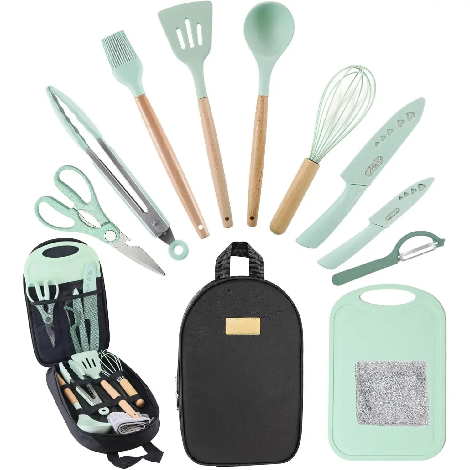 Camping Accessories Kitchen Cooking Utensils Set - Portable Outdoor Camp Cookware Set, Silicone Camper Essentials Gear Must Have Supplies for Travel RV BBQ Grill Picnic Hiking