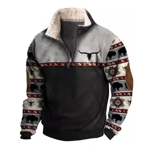 Mens Sweatshirts Aztec Cowboy Vintage No Hooded Pullover 1/4 Zip Stand Collar Casual Western Fleece Tops Menswear Day Jeans Medium Cotton Beige