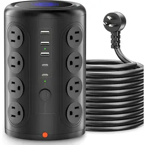 Power Strip Tower with 16 Outlets and 5 USB Ports (2 USB-C), TenTrend 1875W 1500J Surge Protector with 6 FT Extention Cord, Multi Outlet Tower for Home Office Desk, Dorm Room Essentials Black