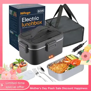 Electric Lunch Box 1.8L Food Heater for Adults, 12V/24V/110V Portable Lunch Warmer Upgraded Heated Lunch Box for Car/Truck/Office with Fork&Spoon and Insulated Carry Bag