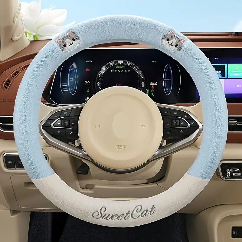 Cartoon Plush Fuzzy Cat Car Steering Wheel Cover - Rayon Material, Universal Fit, Easy Installation, Easy Maintenance, Stylish Sweet Design, Car Interior Decor, Ideal Gift for Women, Protects Wheel, Fuzzy Steering Wheel Cover