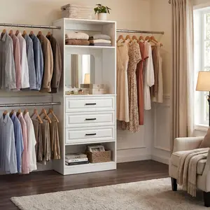 48" W - 96" W Closet System with Mirror, 8FT Walk in Closet Organizer Kits with Drawers and 3 Extendable Hanging Rod, Sturdy Wood Clothing Garment Rack with 25" Tower, Wardrobe Organizer, White Furniture