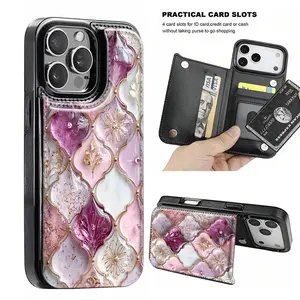 Creative retro prism-shaped painted floral-themed shockproof leather card holder phone case,for iPhone 17 Pro Max Phone Case 17 Air 16 15 Plus 14 13 12 , Samsung Galaxy S25 ULTRA FE Plus S22 S23 FE S24 Plus