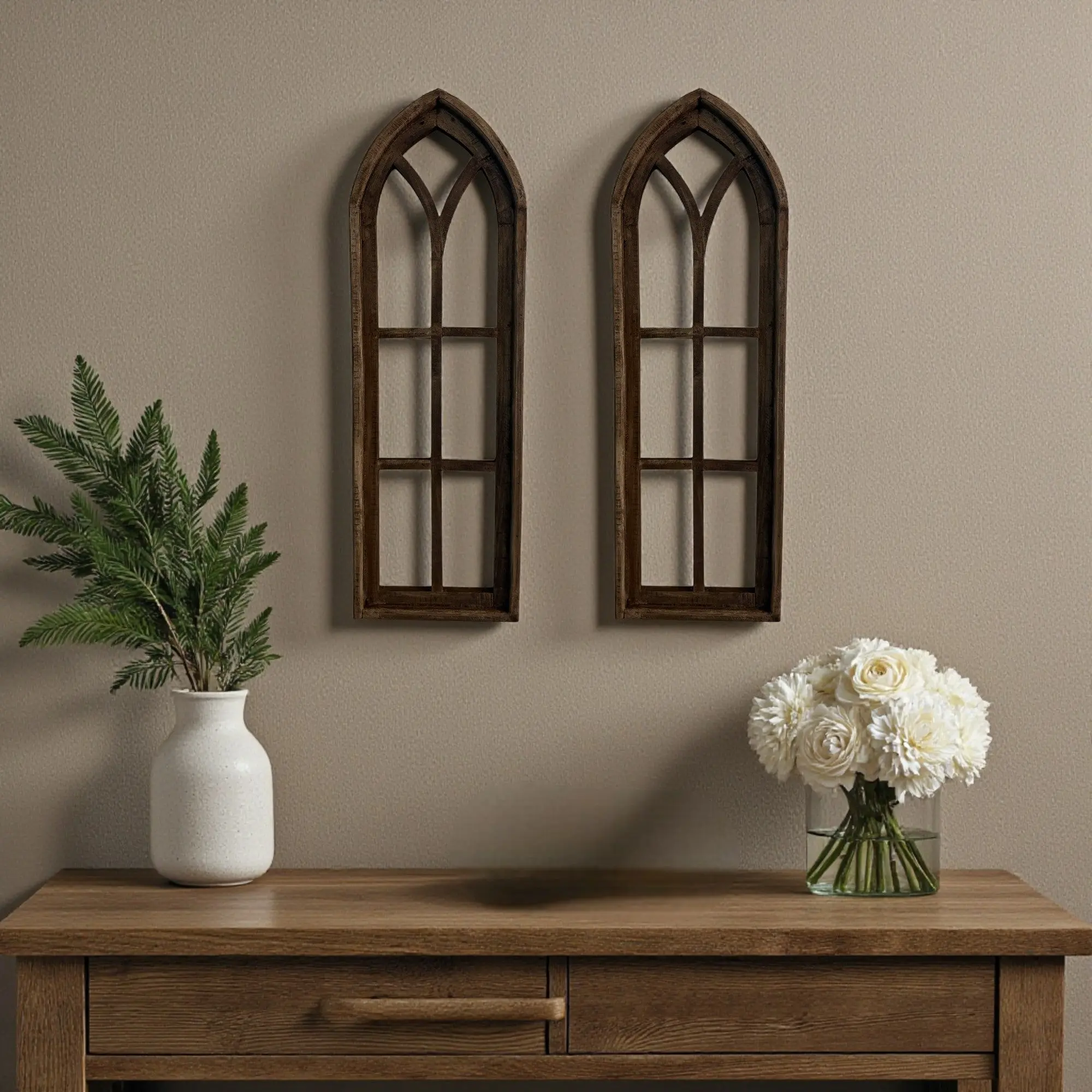 37" X 12" Farmhouse Rustic Wooden Wall Window Arches Rustic Brown Dandelion
