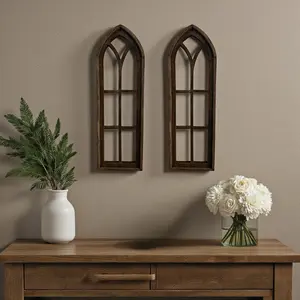 37" X 12" Farmhouse Rustic Wooden Wall Window Arches Rustic Brown Dandelion