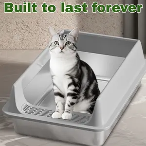 EcoJoy Pets Stainless Steel Cat Litter Box with High Splash Guard, Open Top Metal Tray & Anti-Tracking Pedal, Odor-Free Non-Stick Design for Large Cats, Durable Multi-Cat Solution