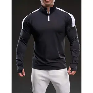Men's Solid Color Half Zip Up Thumb Hole Long Sleeve Sports Tee, High Stretch Casual Comfortable Breathable Stand Collar T-shirt for Gym Workout Running, Athletic Training Apparel