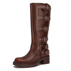 Women's Knee High Riding Boots Fashion Buckle Square Toe Chunky Heel Wide Calf Biker Boots Girl Comfort Footware Fashion Shoes Buckle Boots Knee High Leather Footware Comfortable Girl Walking Shoes Bota Brown