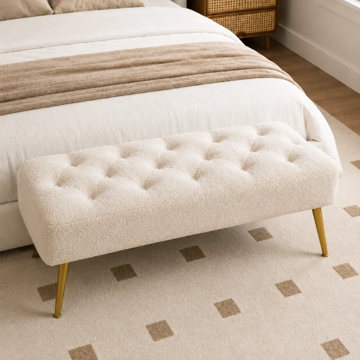 Costoffs Modern Tufted Boucle Upholstered Ottoman Bench - Multifunctional Stool, Padded Seat, Gold Metal Legs, Indoor Furniture for Living Room, Bedroom