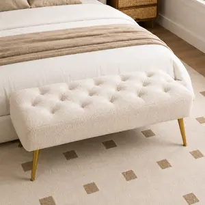Costoffs Modern Boucle Upholstered Ottoman Bench with Padded Seat and Gold Metal Legs – Stylish Footrest Accent Seating for Living Room/Bedroom