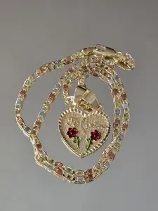 One and a quarter inch Te-Amo broken heart pendant with with 3 color 3mm 17.3 inch chain-copper plated with 14 karat gold not water resistant