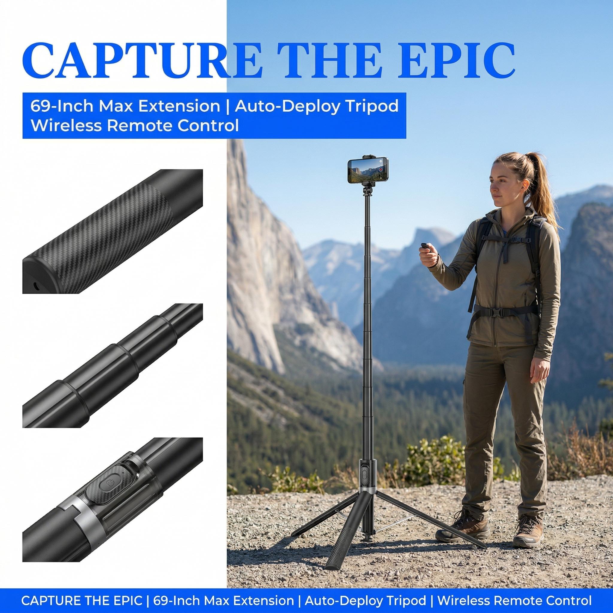 175 cm Mobile Phone Tripod & Selfie Stick, Aluminium Integrated Extendable Tripod for Smartphone, Portable Travel Tripod Stand with Wireless Remote Control for iPhone/Samsung/Android