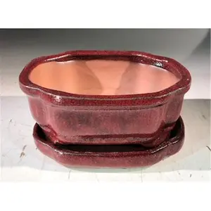 212 MAIN Decorative Rectangular Ceramic Bonsai Pot - Ornamental Indoor-Outdoor Flower Pot, 6x4.5x2.5 in Parisian Red, Humidity Drip Tray, Drainage Hole for Garden Decor, Ornamental Flower Pots