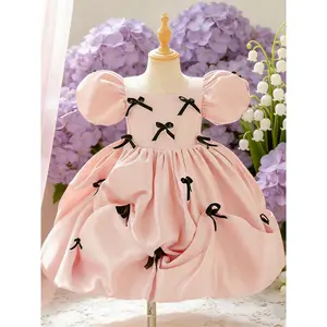 Girls Bow Puff Sleeve Ball Gown Fashion Show Junior Host Piano Birthday Party Performance Banquet Evening Dress