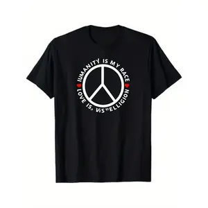 Men's & Women's Black Peace Sign & "Humanity Is Only My Religion" Print T-Shirt - Soft Cotton Short Sleeve Crewneck Casual Streetwear Tee with Peace Symbol Graphic - Spring Summer Essential Top