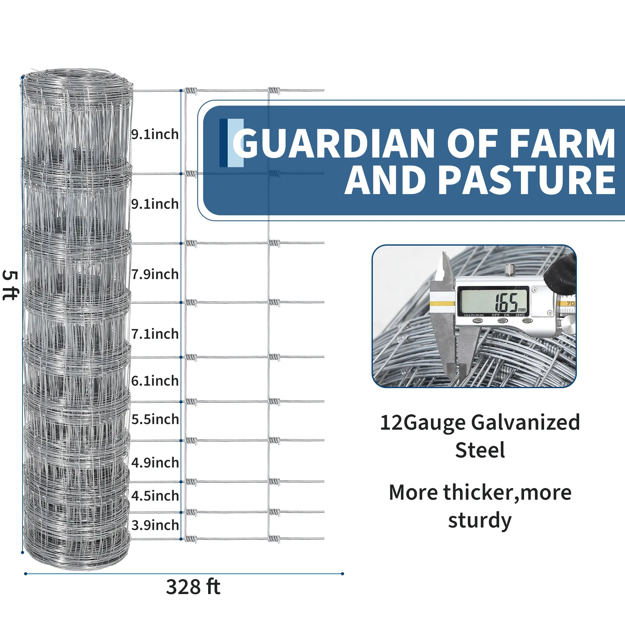 Garvee 5‘ * 328’ Heavy Zinc Galvanized Livestock Fence Wire Roll - Rust-Resistant Farm/Yard Barrier for Cattle, Goat & Deer - Multi Size Options