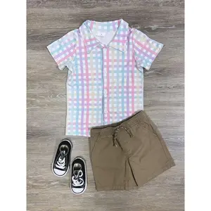 Pastel Plaid Boys Button Down Shirt for Easter Church Spring Cotton Poly Blend