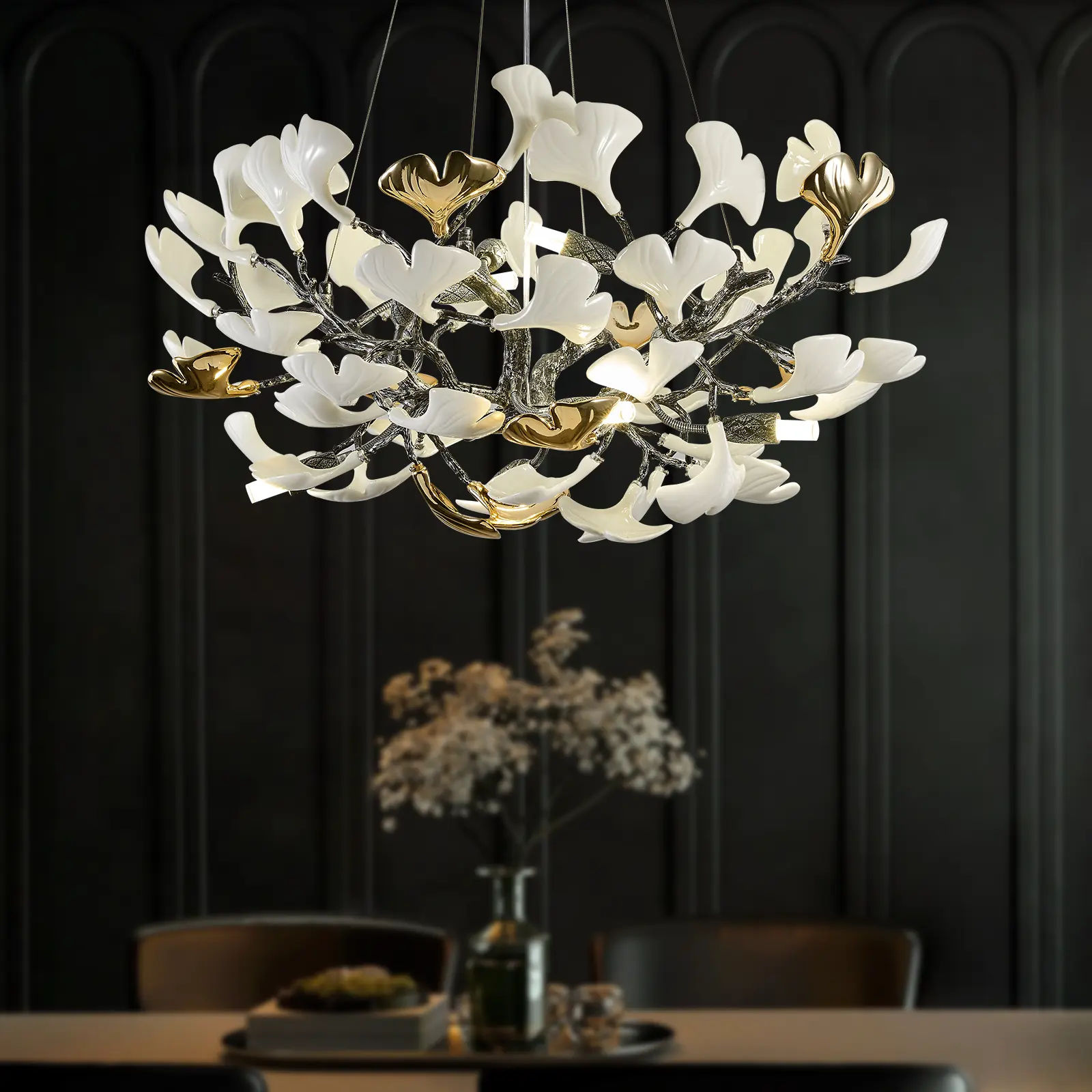 Tree Branches Chandelier, 31''Modern Round Ceramic Ginkgo Leaf Chandeliers, Dining Room Chandelier Over Table, for Living, Foyer, Kitchen, Bedroom (Bulb not Included)