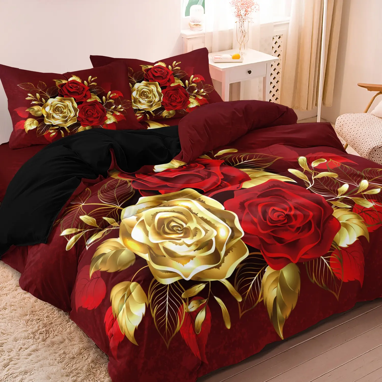 Rose Pattern Decorative Duvet Cover Set, 3 Counts/set Including 1 Duvet Cover & 2 Pillowcases without Filler, Soft Comfortable Bedding Set for Home Bedroom Hotel Bed Sets Supplies