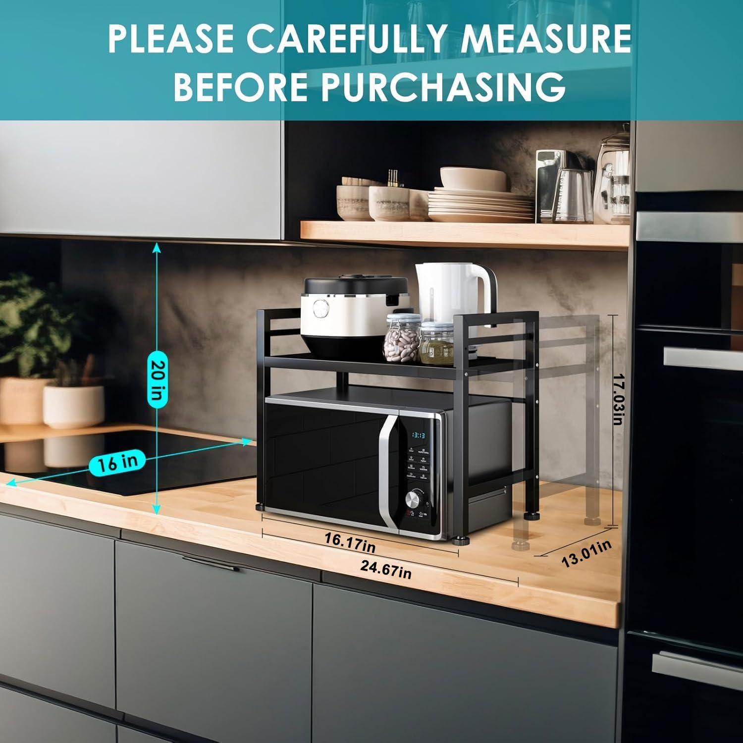 Expandable Microwave Stand, Metal Kitchen Countertop Organizer Shelves with 6 Hooks,Bakers Rack,Microwave Shelf,Microwave Oven Rack, 55lbs Weight Capacity