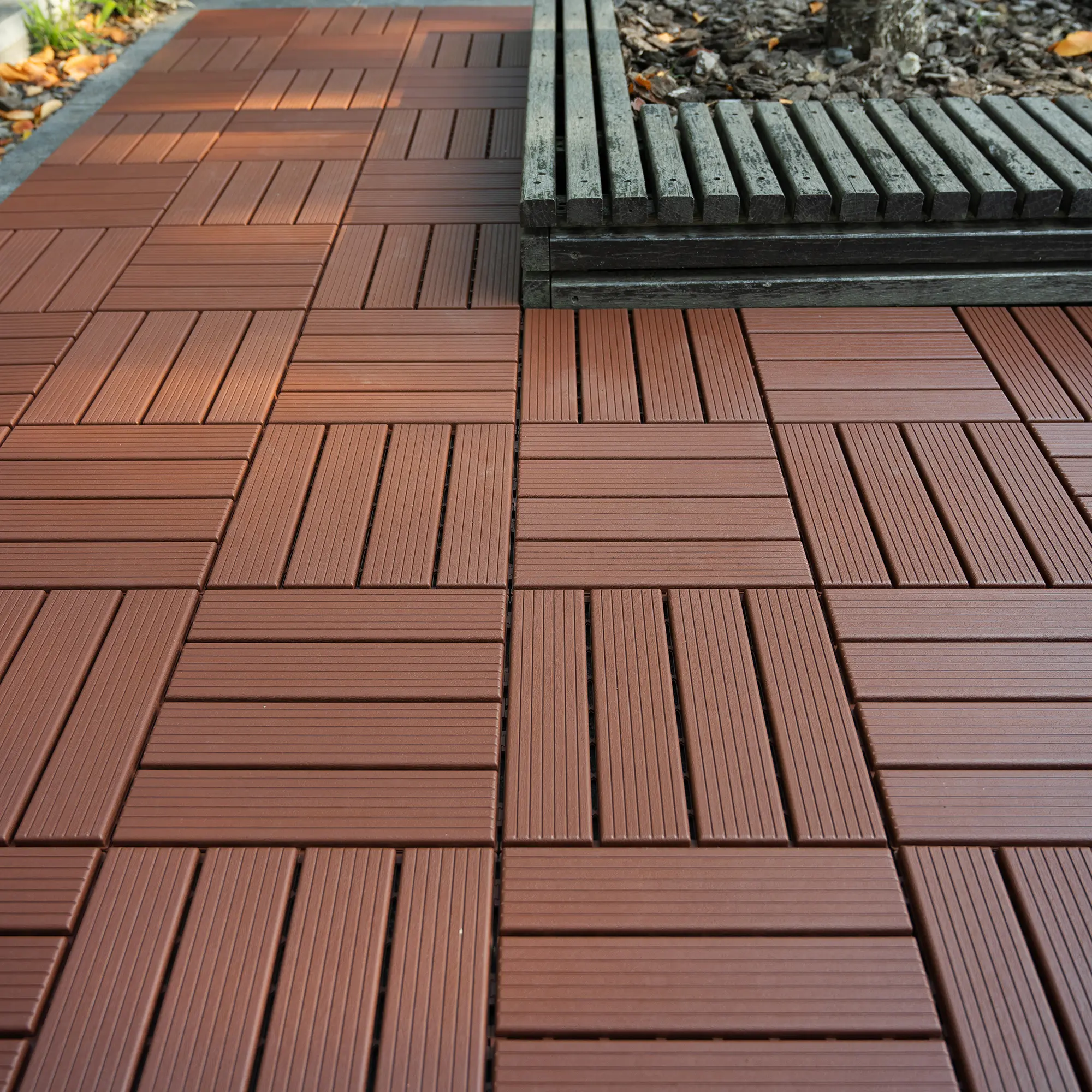 44 Pack Heavy Duty Plastic Interlocking Deck Tiles 12" x 12" Square, Waterproof All Weather Patio Flooring Tiles, Durable Slip Resistant Tool-Free Click Install Indoor Outdoor Pavers for Balcony Backyard Poolside Porch Garden, Brown