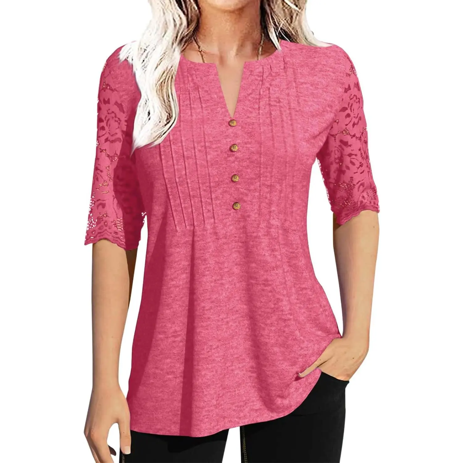 Imily Bela Women's Zipper Summer Pleated Button Short Sleeve T-Shirt Summer V-Neck Solid Color Casual top