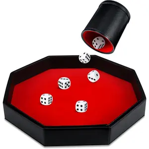 8 Pcs Dice Tray Game Set Includes Red Velvet PU Leather Octagon Dice Roll Tray, Felt Lined PU Leather Dice Cup with 6 Dot Dices for Bar Party Dice Games