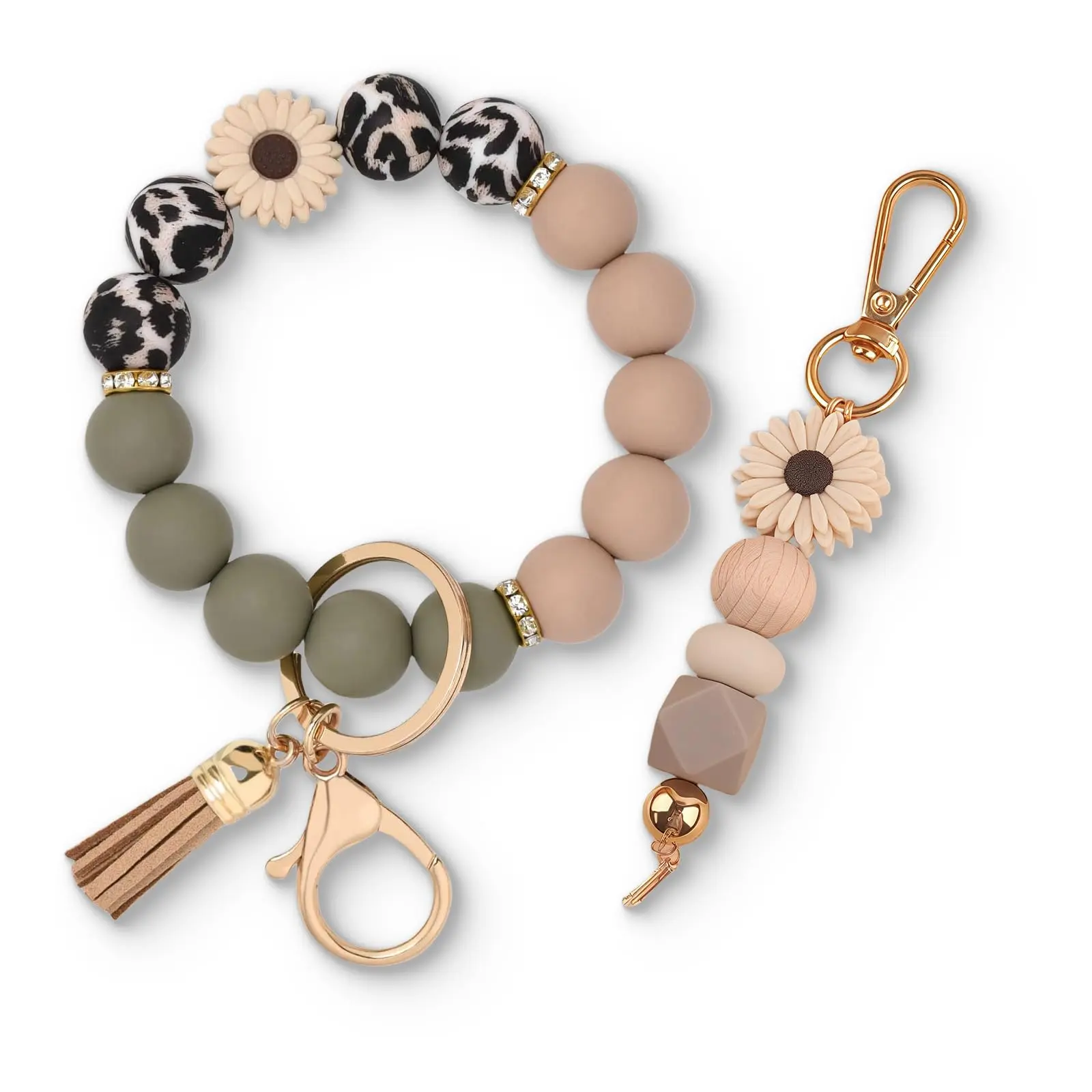 2pcs Bracelet Key Ring Set  Cute Car Chain Wristlet Silicone Beaded Bangle Keychains For Women