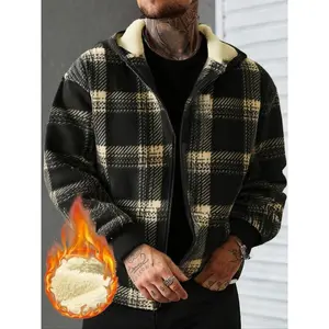 Plaid Hooded Jacket with Fuzzy Sherpa Fleece Lining, Loose Fit Casual Style, Warm Fall & Winter Outerwear, Daily Wear Fashion Coat