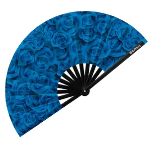 Blue Roses Rave Bamboo Folding Hand Fan / Clack Fan - Large
